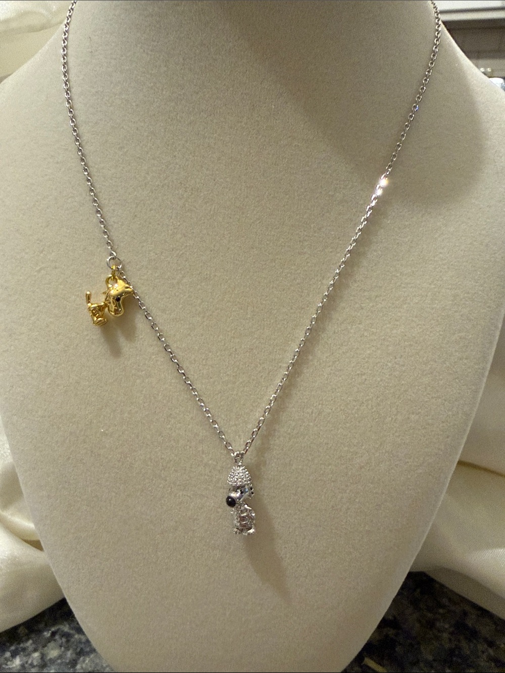 Two-Tone Snoopy Pendant Necklace – Silver Chain with Gold Accent